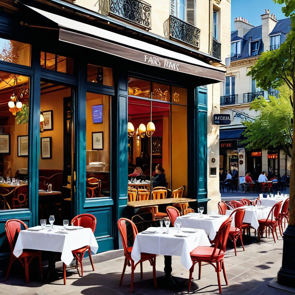 A cozy Parisian café scene, featuring a beautifully set table with artistic plating of gourmet dishes, surrounded by stylishly dressed patrons enjoying their meals. In the background, iconic Parisian architecture and lively street art add vibrancy to the atmosphere, while soft sunlight illuminates the scene. Emphasize the culture, style, and gastronomy of Paris. super-realistic. vibrant colors. warm ambiance.