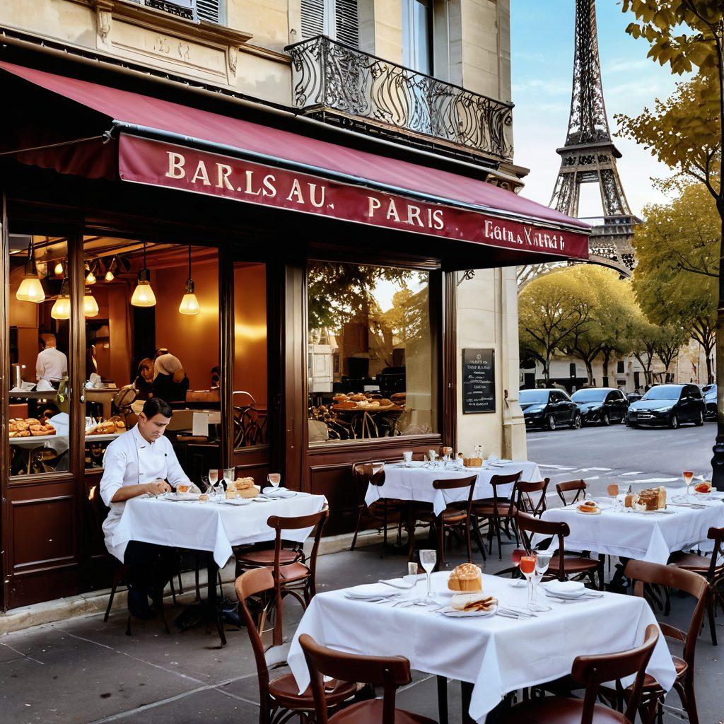 A charming Parisian street scene featuring a quaint café with outdoor seating, displaying a vibrant spread of iconic French dishes like croissants, coq au vin, and macarons. A chef passionately plating gourmet food, with the Eiffel Tower faintly visible in the background. The setting should be alive with Parisian ambiance and soft golden sunlight illuminating the delicious dishes. Set in a warm, inviting color palette. super-realistic. vibrant colors. 3D.